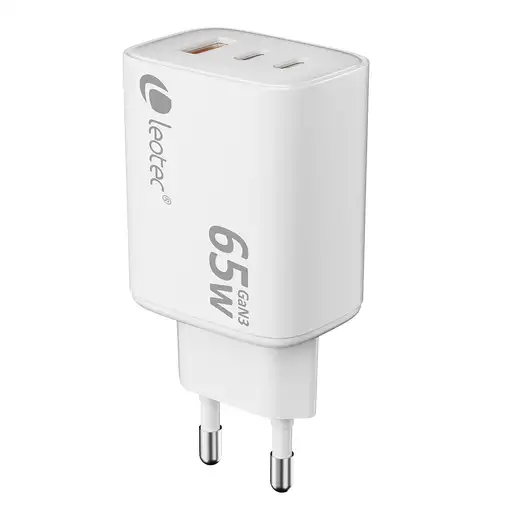 Leotec CARGADOR UNIVERSAL 65W GAN ULTRA SLIM 2 USB C PD+1 USB A BLANCO