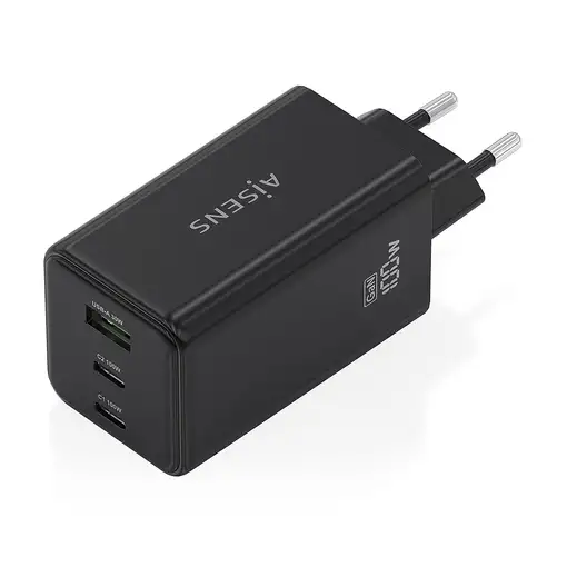 AISENS Cargador GaN 100W, 2x USB-C PD3.0 QC4.0 QC5.0, 1x USB-A QC3.0, Negro