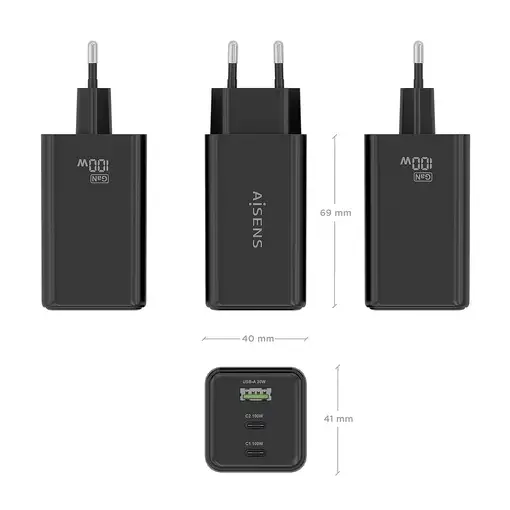 AISENS Cargador GaN 100W, 2x USB-C PD3.0 QC4.0 QC5.0, 1x USB-A QC3.0, Negro
