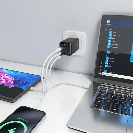 AISENS Cargador GaN 100W, 2x USB-C PD3.0 QC4.0 QC5.0, 1x USB-A QC3.0, Negro