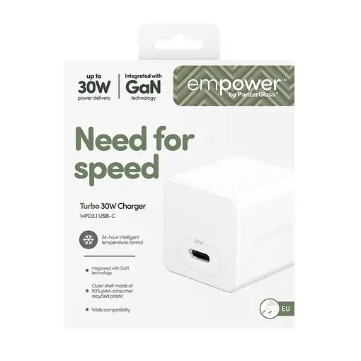 PanzerGlass empower™ by ® Turbo 30W Charger Single USB-C | EU Plug | Silver White