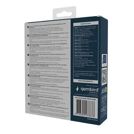 Gembird TA-UC-2A4C-PD75-01-BK cargador de dispositivo móvil Universal Negro