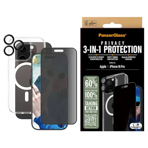 PanzerGlass ® 3-in-1 Privacy Protection Bundle iPhone 16 Pro Protector de pantalla