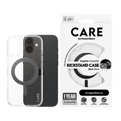 PanzerGlass CARE™ by ® Case Transparent w. Black Kickstand & MagSafe iPhone 16 f