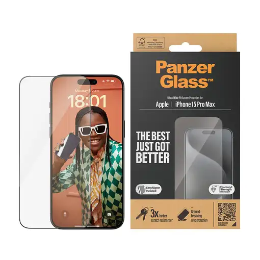 PanzerGlass ® Screen Protector iPhone 15 Pro Max | Ultra-Wide Fit w. EasyAligner P