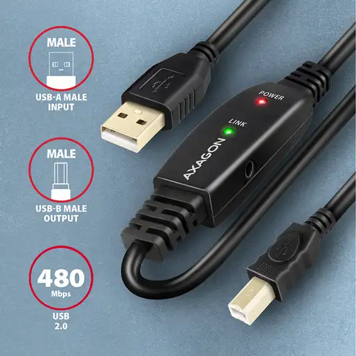 Axagon ADR-215B USB 2.0 A-M -> B-M active connecting/repeater cable 15m - Kabel