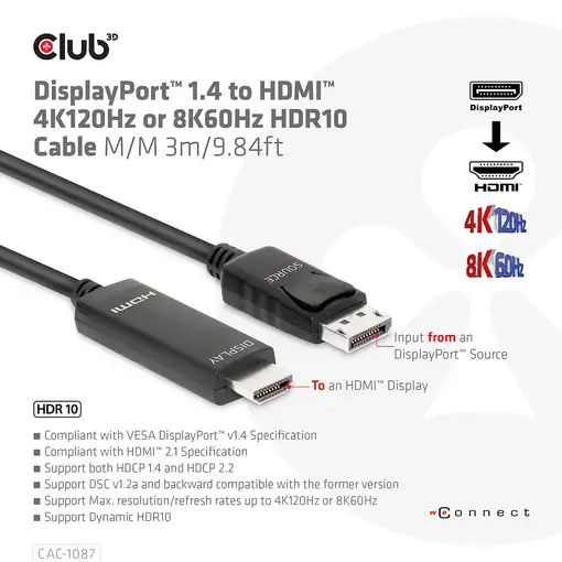 CLUB3D CAC-1087 adaptador de cable de vídeo 3 m DisplayPort HDMI Negro