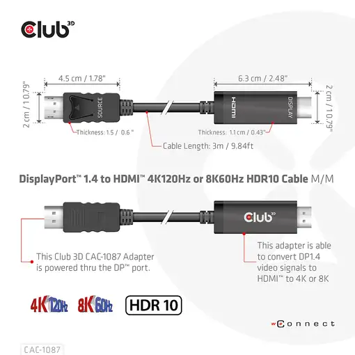 CLUB3D CAC-1087 adaptador de cable de vídeo 3 m DisplayPort HDMI Negro