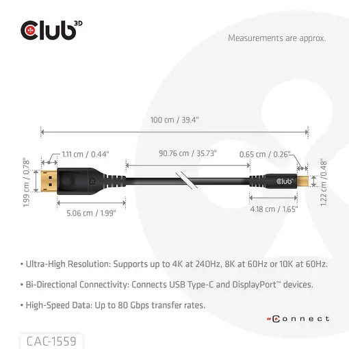 CLUB3D CAC-1559 adaptador de cable de vídeo 1 m USB Tipo C DisplayPort Negro