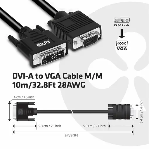 CLUB3D DVI-A TO VGA CABLE M/M 3m/ 9.8ft 28 AWG Negro