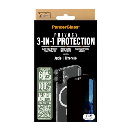 PanzerGlass ® 3-in-1 Privacy Protection Bundle iPhone 16 Protector de pantalla App