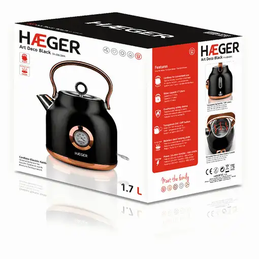 Haeger EK-22B.024A tetera eléctrica 1,7 L 2200 W Negro, Oro