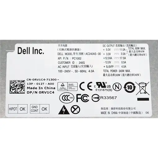DELL 3WN11 unidad de fuente de alimentación 240 W Plata