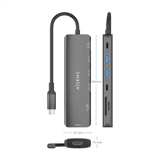 AISENS USB-C Dock 7 en 1, USB-C A, 1x HDMI, 2x USB-A, 1x USB-C, 1x USB-C PD 100W,