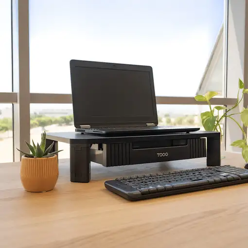 TooQ Soporte Elevador Multiusos con Cajón para Monitor/Portátil, Negro