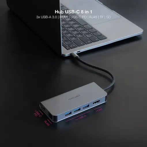 Nanocable Hub USB-C 8 en 1, Conversor USB-C 3.1 a 3xUSB-A 3.0 + HDMI 4K@60Hz + USB