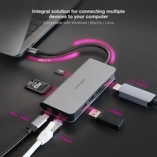 Nanocable Hub USB-C 8 en 1, Conversor USB-C 3.1 a 3xUSB-A 3.0 + HDMI 4K@60Hz + USB