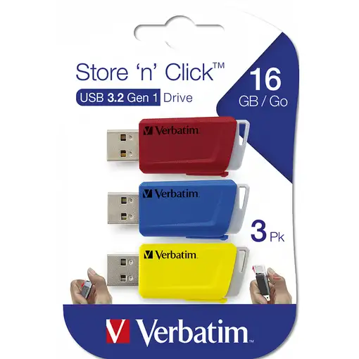 Verbatim Store 'n' Click - Unidad USB 3.2 GEN1 - 3x16 GB, Rojo/Azul/Amarillo