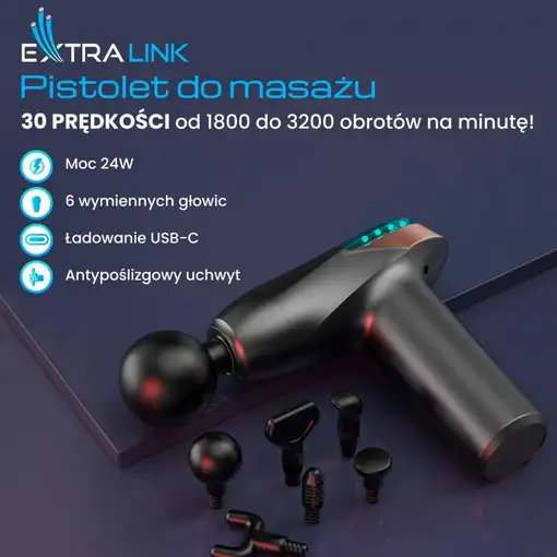 Extralink Pistola de masaje Massage Gun Lite 3200 RPM, 6 puntas intercambiables