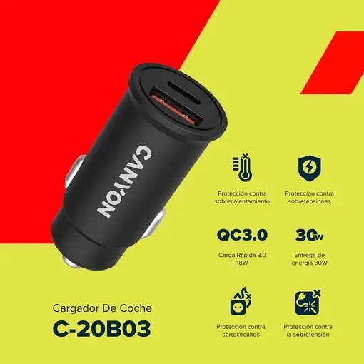 Canyon Cargador de coche C-20-03 PD 30W QC 3.0 18W USB-C USB-A Negro