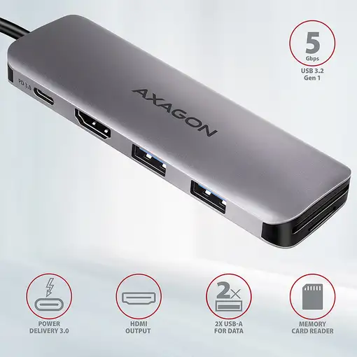 Axagon HMC-5 base para portátil y replicador de puertos Alámbrico USB 3.2 Gen 1
