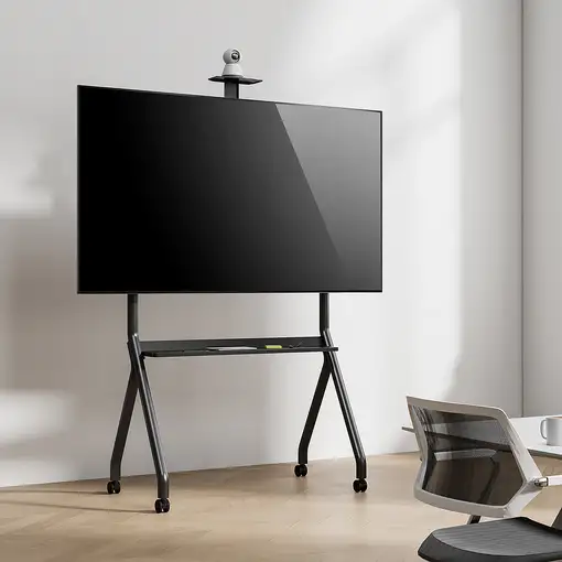 AISENS Soporte de Suelo Pro Con Rueda, 1 Bandeja Y Soporte de Camara Para Pantalla