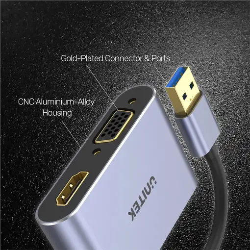 UNITEK V1304A adaptador de cable de vídeo 0,15 m USB tipo A HDMI + VGA (D-Sub)