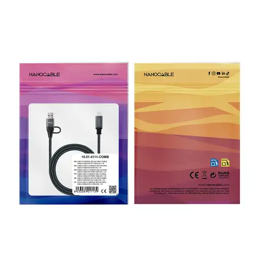 Nanocable Cable USB 3.2 Gen2x2 20Gbps 5A/100W, USB-C+USB-A/M a USB-C/M, Gris/Negro