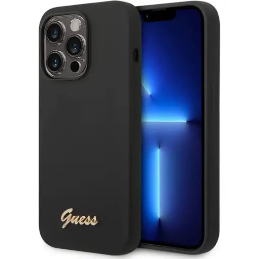 Funda Guess de Silicona para Apple iPhone 14 Pro Max Color Negro con logo dorado