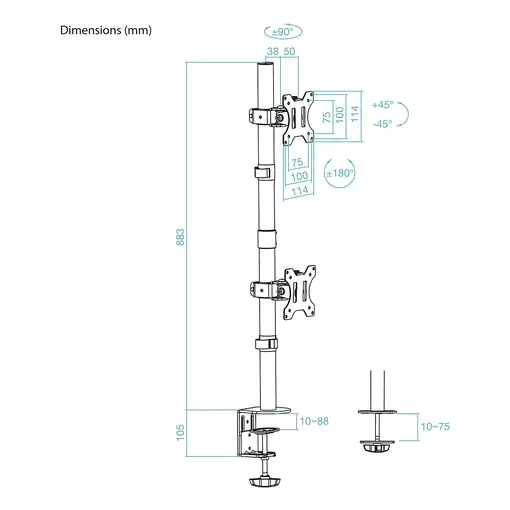 TooQ Soporte de Mesa, Giratorio e Inclinable, Vertical, para 2 Pantallas 13”-32”