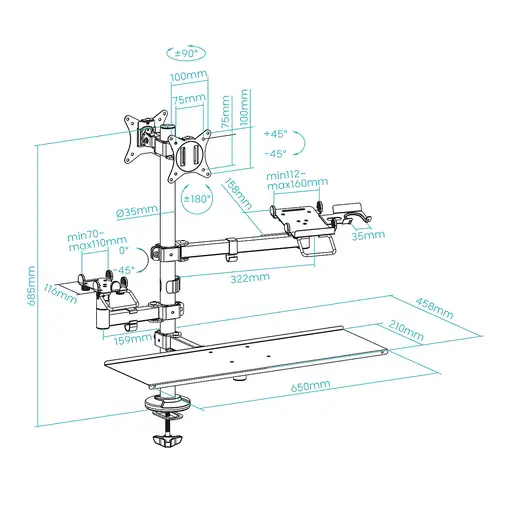 TooQ Soporte de Mesa para TPV/Impresora/Pantallas 17”-32”/Terminal/Lector/Teclado