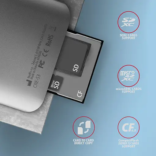 Axagon CRE-S3 External card reader USB-A 3.2 Gen 1 3-slot & lun SD/microSD/CF
