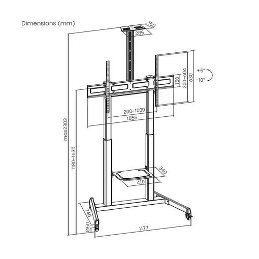 AISENS Soporte De Suelo Eco Con Ruedas Y Manivela, Bandeja Para DVD Y Soporte