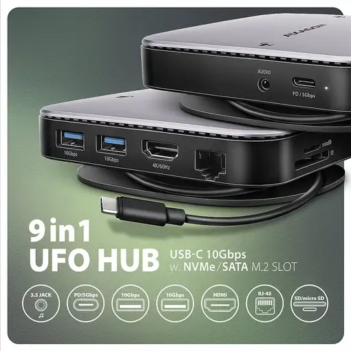 Axagon HMC-UFO USB-C Hub M.2 SATA/NVMe 1 Gbit/s Ethernet 384 kHz