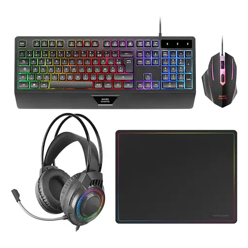 Mars Gaming MCP124PRO, Combo Gaming 4en1, Teclado RGB H-Mech con Reposamuñecas, Ra