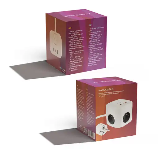 Nanocable Base de 3 enchufes con 3 USB (2 USB-A + 1 USB-C), GaN + PPS, PD 20W