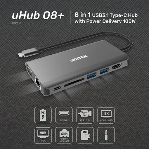 UNITEK uHUB O8+ Alámbrico USB 3.2 Gen 1 (3.1 Gen 1) Type-C Gris