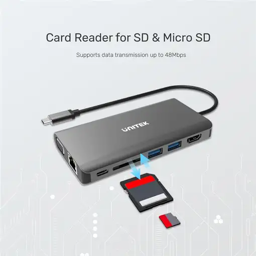 UNITEK uHUB O8+ Alámbrico USB 3.2 Gen 1 (3.1 Gen 1) Type-C Gris