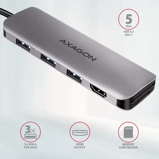 Axagon HMC-HCR3A 3x USB-A+ HDMI+ SD/microSD USB-C 3.2 Gen 1 hub 20cm Alámbrico USB