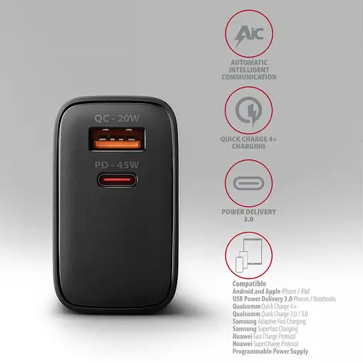 Axagon ACU-PQ45 QC 3.0, 4.0/AFC/FCP/PPS/PD, 45W, schwarz - Netzladegerät mit USB-A