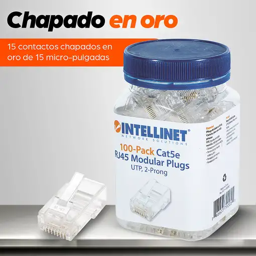 Intellinet PLUG RJ45 CAT5E MULTIFILAR UTP BOTE 100 PZAS ORO 15-MICRAS