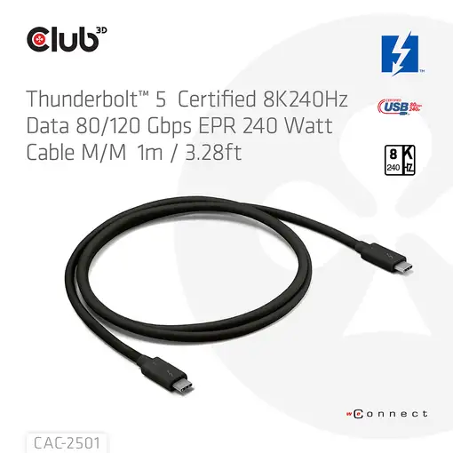 CLUB3D CAC-2501 cable Thunderbolt 1 m 120 Gbit/s Negro