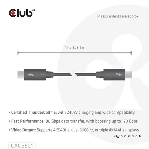 CLUB3D CAC-2501 cable Thunderbolt 1 m 120 Gbit/s Negro