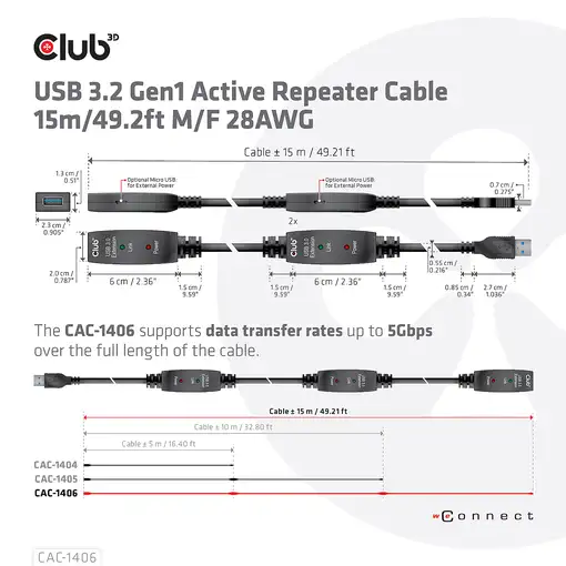 CLUB3D CAC-1406 cable USB USB 3.2 Gen 1 (3.1 Gen 1) 15 m USB A Negro