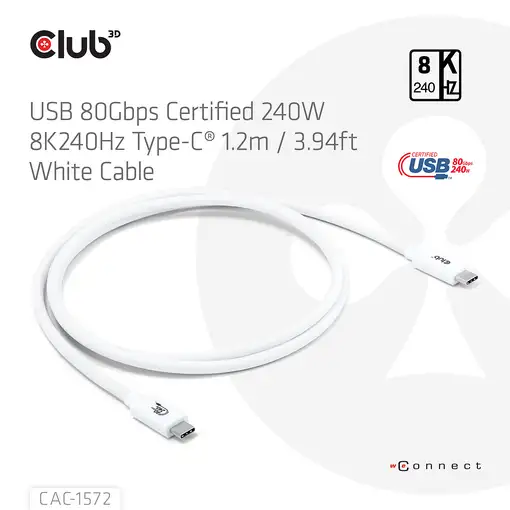 CLUB3D CAC-1572 cable USB USB4 Gen 2x2 1,2 m USB C Blanco