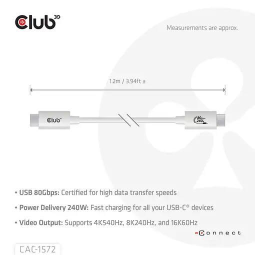 CLUB3D CAC-1572 cable USB USB4 Gen 2x2 1,2 m USB C Blanco