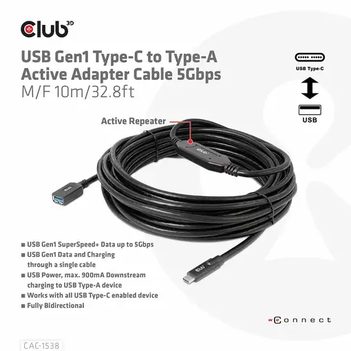 CLUB3D CAC-1538 cable USB USB 3.2 Gen 1 (3.1 Gen 1) 10 m USB C USB A Negro
