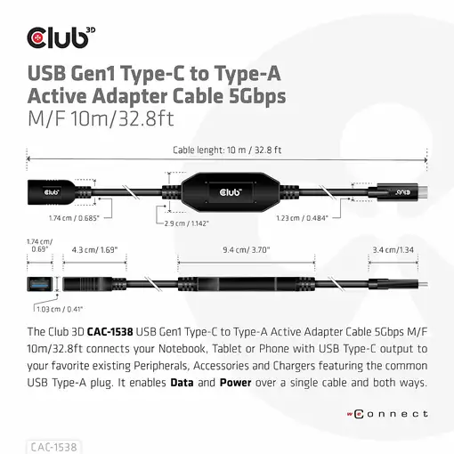 CLUB3D CAC-1538 cable USB USB 3.2 Gen 1 (3.1 Gen 1) 10 m USB C USB A Negro