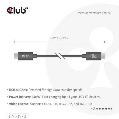 CLUB3D CAC-1570 cable USB USB4 Gen 2x2 1,2 m USB C Negro