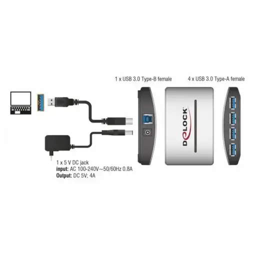 DeLOCK USB 3.0 External HUB 4 Port 5000 Mbit/s Negro, Blanco